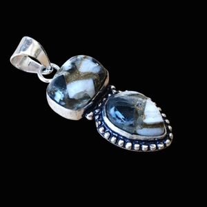 Double White Buffalo Turquoise w/ Copper Marbling 925 Silver Necklace 18" Nevada